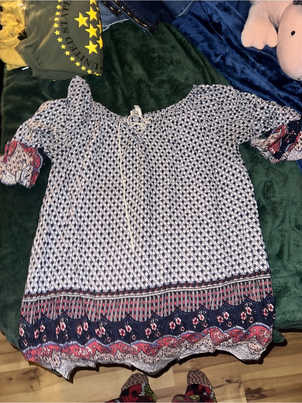 Boho Printed Peasant Tunic Top - Navy & White